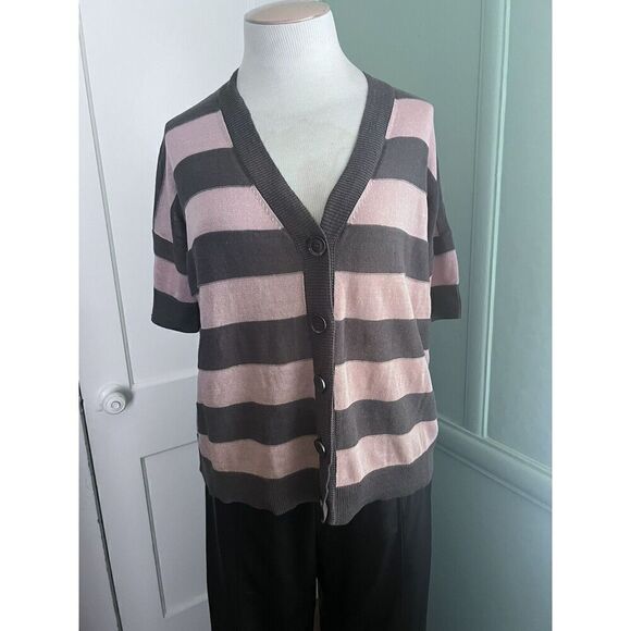 Milly NY Medium Lightweight Boxy Short Sleeve Button Front Pink/Gray Sweater - Picture 1 of 5